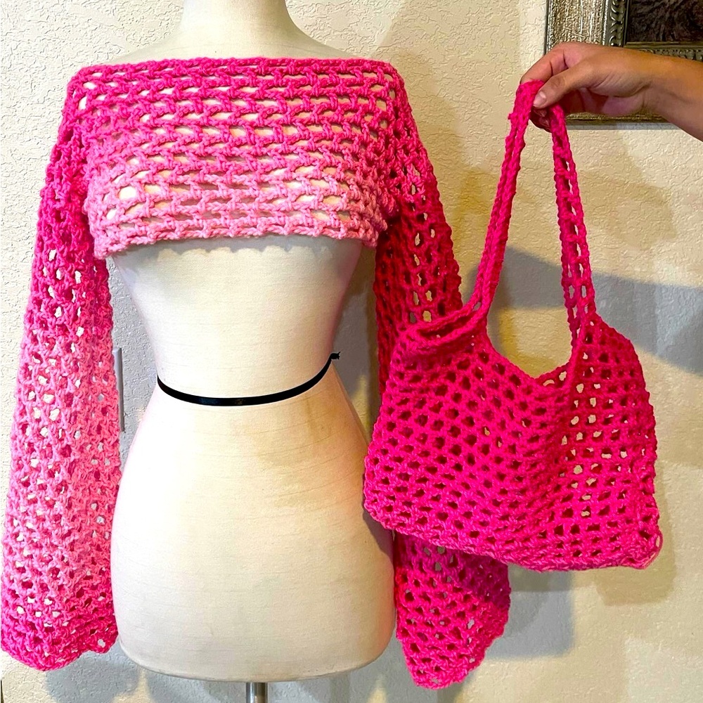 Crochet mesh crop sweater and purse